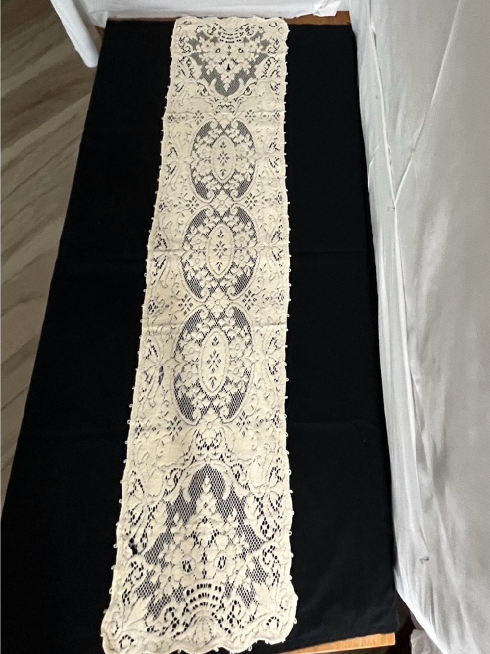 Vintage Handmade Cream Lace Table Runner - Elegant Home Dining Accent